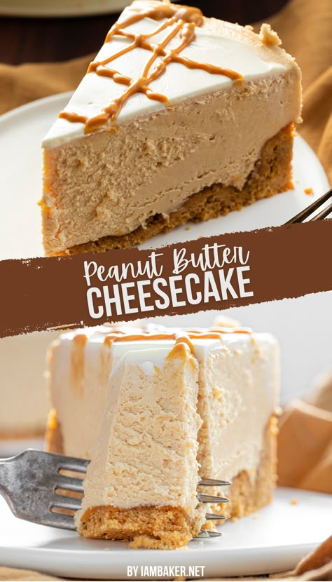 Two images of peanut butter cheesecake, showing a slice from different angles. Pb Cheesecake No Bake, Homemade Peanut Butter Cheesecake, Peanut Butter Cheesecake Cake, Nutty Butty Cheesecake, Thick Crust Cheesecake, Easy No Bake Peanut Butter Cheesecake, Peanut Butter Swirl Cheesecake, White Chocolate Peanut Butter Cheesecake, Cheesecake Recipes Peanut Butter