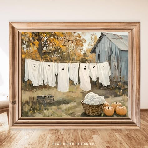 Cute Ghost Painting Laundry Sheets Prints for Wall Art Trendy Neutral Wall Prints Aesthetic Halloween Decor for Home Autumn Laundry Room - Etsy Laundry Room Halloween Decor, Cozy Home Fall Aesthetic, Pumpkin Ghost Painting, Country Bathroom Wall Decor, Spooky Aesthetic Decor, Cute Ghost Painting, Room Halloween Decor, Aesthetic Halloween Decor, Wall Prints Aesthetic