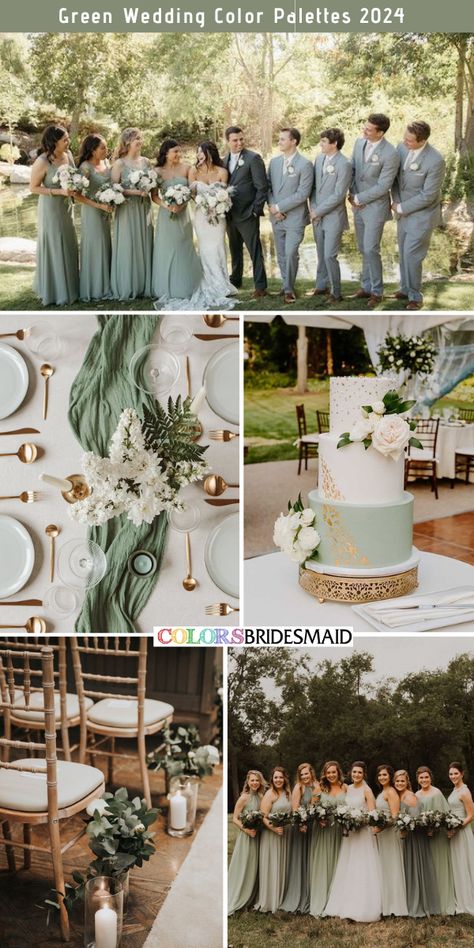 Sage green wedding color combos inspirations for 2024: Bridesmaid dresses in different shades of sage green, white bridal gown, light grey suits for groom and groomsmen, white and greenery wedding bouquets, white and sage green wedding cakes, white table cloth, sage green table runners, greenery bouquets as aisle markers. #weddingcolors #weddingideas #greenweddings #colsbm #2024 #bridesmaiddresses #sagegreenwedding Silver Sage Wedding Color Schemes, Sage Green Wedding Groomsman, Wedding Green Accent, Wedding Tuxedo For Men Groom Style Sage Green, Sage Autumn Wedding, Sage Wedding Pallet, Groomsmen Attire With Sage Green Bridesmaids, Sage Green And Gold Wedding Groomsmen, Wedding Theme Green And White