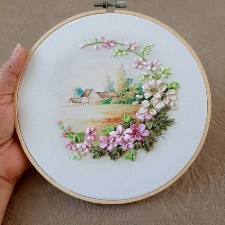 Marriage Embroidery, Flower With Ribbon, 4th Year Anniversary Gifts, Happy Stitch, 2nd Anniversary Gifts, 4th Anniversary Gifts, Silk Ribbon Embroidery Patterns, Ribbon Embroidery Kit, Flower Pattern Drawing