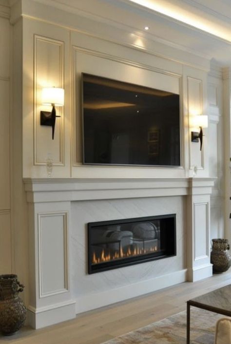 Lounge Fireplace, Tv Wall Design Ideas, Tv Wall Decor Ideas, Tv Over Fireplace, Fireplace Modern, Tree Decoration Ideas, Marble Fireplace Surround, Living Room Wall Color, Wall Design Ideas