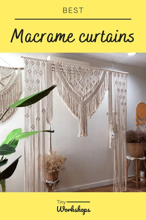 Macrame curtains: Best patterns and free DIY tutorials Macrame Backdrop Tutorial, Macrame Window Curtain Pattern, Macrame Window Curtain Tutorial, Macrame Window Treatments, Macrame Curtain Diy Tutorials, Macrame Curtain Diy Pattern Free, Macrame Valance Diy, Macrame Beginner Projects, Macrame Curtain Tutorial