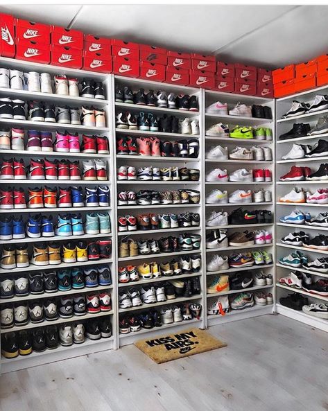 Nike Shoe Storage, Sneakerhead Display, Nike Shoe Wall, Nike Shoe Display, Jordan Shelf, Shoe Wall Display, Sneaker Shelf, Sneaker Head Closet, Sneaker Room