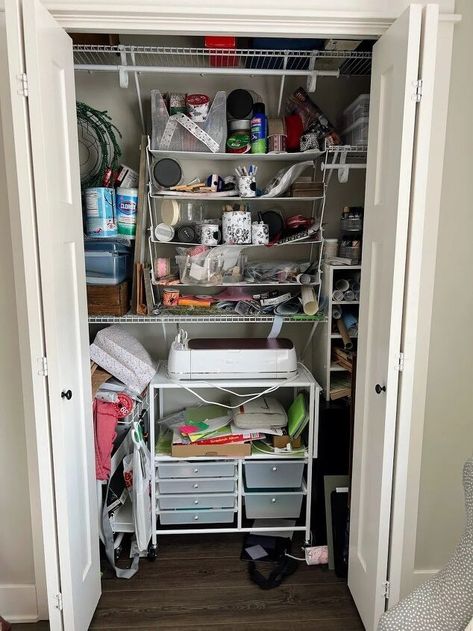 Office Wardrobe Design Storage, Odd Closet Organization, Closet For Office Storage, Home Decor Closet Storage Ideas, Large Hall Closet Organization, Craft Storage In Closet, Half Closet Office Ideas, Small Closet Office Organization, Home Office Closet Organization Ideas