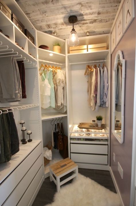 A beautiful dream closet makeover! I LOVE the organization ideas. Such a great use of a small space. Diy Kast, A Walk In Closet, Apartemen Studio, Organized Closet, Walk In Closet Design, Smart Tiles, Closet Remodel, Attic Storage, Dream Closets