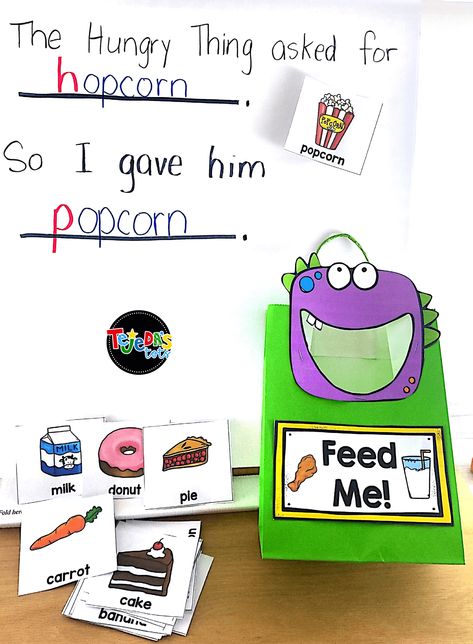 Free activities to go with the book The Hungry Thing by Jan Slepian. Perfect fr practicing phonemic awareness and rhyming at the beginning of the school year! Read this blog post to learn how to make a class book based on the story and get a freebie. #tejedastots #beginningoftheyear First Grade Rhyming Activities, Phonological Awareness Activities Prek, Preschool Phonemic Awareness, Preschool Rhyming, Letters Activity, Rhyming Preschool, Rhyming Games, Emergent Literacy, Phonological Awareness Activities