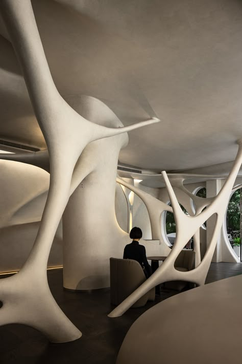 Tan90° | AD ARCHITECTURE Dynamic Design Architecture, Spatial Design Concepts, Dynamic Interior Design, Performance Space Architecture, Fluidity Architecture, Interior Architecture Concept, Parametric Interior Design, Futuristic Cafe, Conceptual Interior Design