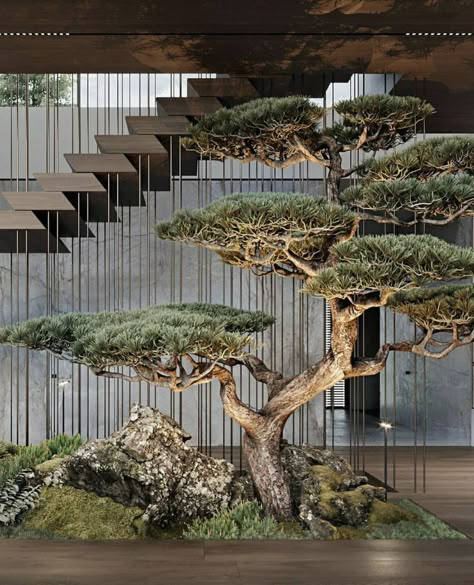 Indoor Zen Garden, Houses Garden, تحت الدرج, Roof Gardens, Indoor Tree, Grosvenor House, Stairway Design, Indoor Trees, Garden Drawing