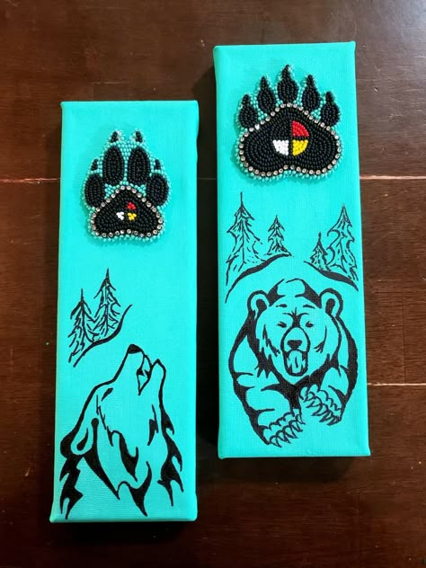 Beautiful beaded and painted artwork, indigenous artist, wolf, bear , beadwork, turquoise paint, paw print Bear Paw Painting, Choctaw Symbols, Beaded Bear Paw, Indigenous Crafts, Indigenous Beadwork, Turquoise Paint, Bead Jewelry Patterns, Buffalo Art, Wolf Paw