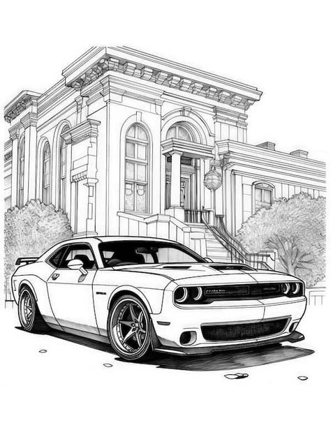 Dodge Challenger and mansion coloring page Car Coloring Pages, Coloring Page Ideas, Page Ideas, Coloring Page, Dodge, Coloring Pages, For Kids, Colouring Pages