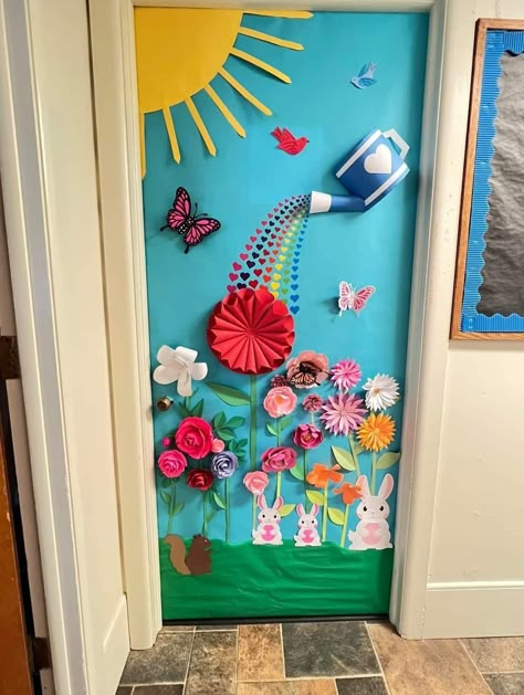 Spring Day Classroom Decor, Flower Decorations For Classroom, Spring Decoration Preschool, Spring Decoration For School, Spring Wall Display Preschool, Spring Decorations Kindergarten Ideas, Garden Theme Kindergarten Classroom, Flower Garden Classroom Door, Spring Door Designs Classroom