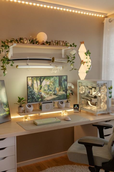 Sage Green Desk Setup, Pc Setup Aesthetic, Setup Accessories, Cozy Gaming Setup, Trendy Desk, Compact Desk, Setup Pc, Cozy Desk, Gaming Room Decor