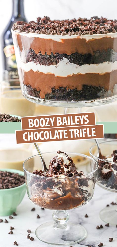 Boozy Baileys Chocolate Trifle - Life Love and Sugar Trifles Desserts, Baileys Desserts, Baileys Trifle, Chocolate Cheesecake Trifle, Baileys Chocolate Cheesecake, Infused Desserts, Baileys Dessert, Boozy Baking, Trifle Bowl Recipes