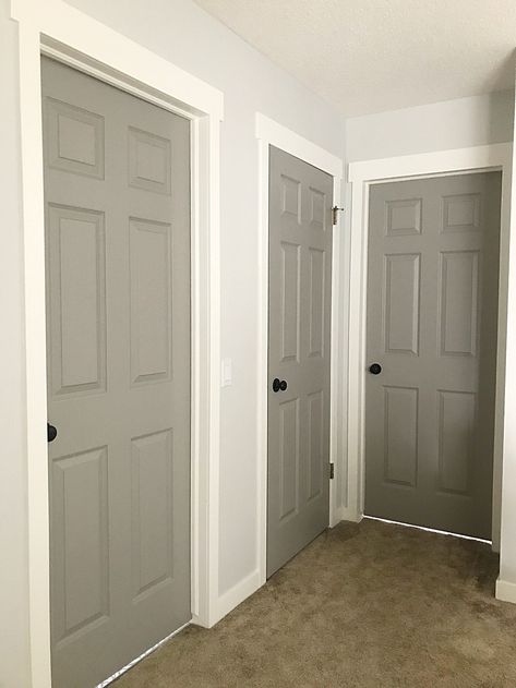 How to Paint Your Interior Doors Painting Interior Doors Ideas, Interior Doors Ideas, Painting Interior Doors, Interior Door Colors, Grey Interior Doors, Home Depot Paint, Hallway Door, Painted Interior Doors, Diy Interior Decor