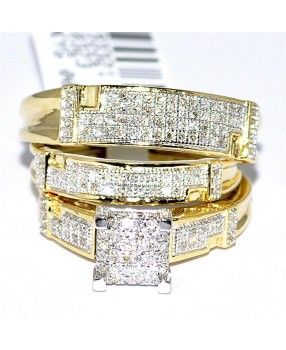 Yellow Gold Trio Wedding Set Mens Women Rings Real 0.5ct Diamonds Princess Pave Bridal Sets Rings, Jeulia Jewelry, Wedding Rings Ideas, Trio Ring Set, Trio Ring, Cuff Bracelets Handmade, Mens Ring Sizes, Rings Ideas, Engagement Rings And Wedding Bands