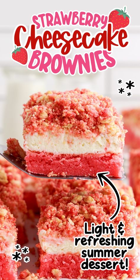 These three layer strawberry cheesecake brownies start with a box of strawberry cake mix, followed by a layer of cream cheese frosting, and are topped with a strawberry crunch that is sweet and delicious. Strawberry Crunch Blondies, Three Layer Brownies, Strawberry Cream Cheese Brownies, Strawberry Cheesecake Bundt Cake, Strawberry Crunch Brownies, Strawberry Cheesecake Brownies, Strawberry Crumble Cake, Strawberry Shortcake Cheesecake Bars, Strawberry Cake Mix Recipes