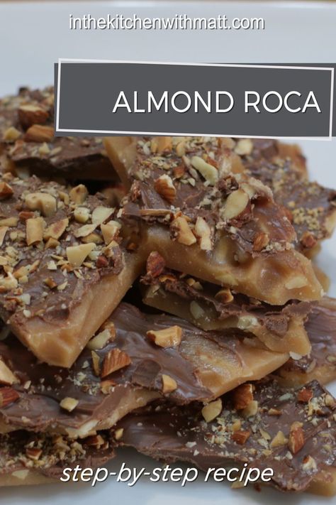 Do you like toffee? If so you will love Almond Roca! This recipe is very easy to make and so delicious. I have fond memories making it and eating it as a kid during the holidays. You don't need a ton of ingredients either, just butter, water, corn syrup, sugar, almonds, and of course chocolate! Almond Roca Cookies, Roca Recipe, Homemade Almond Roca, Chocolate Almond Toffee, Almond Rocha, Almond Rocha Recipes, Almond Roca Recipe Easy, Almond Roca Recipe, Almond Candy