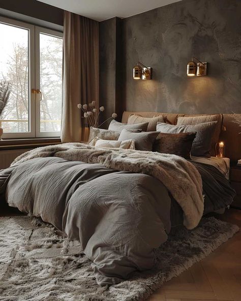 Textured Room Design, Grey Bedroom Wall Colors, Grey Painted Room Ideas, Grey Luxury Bedroom Ideas, Grey Beige Bedding, Brown Grey Walls, Masculine Dark Bedroom, Grey Bedroom Bedding Ideas, Bronze Bedroom Ideas