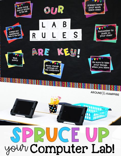 Spruce Up Your Computer Lab with Chalkboard Decor - Around the Kampfire Computer Lab Headphone Storage, Ict Lab Decorations, Computer Classroom Decor Ideas, Computer Classroom Design, Blue Classroom Decor, Technology Classroom Decor, Computer Lab Bulletin Board Ideas, Computer Lab Design, Computer Lab Rules