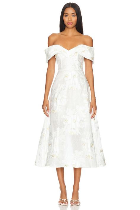 ELLIATT Octavia Midi Dress in Ivory & Gold | REVOLVE Tea Length White Dress, Midi Formal Dresses, White Tea Length Dress, Midi Formal Dress, Wedding Event Dresses, Rehearsal Dinner Outfits, Classic Fits, Dresses By Style, Wedding Wardrobe