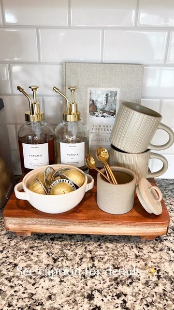 Cute Coffee Accessories, Nespresso Station Coffee Corner Counter Space, Espresso Organization Coffee Stations, Coffee Bar Set Up In Kitchen, Kitchen Counter Decor Coffee Station, Coffee Corner Minimalist, Simple Coffee Station On Counter, Coffee Bar Spoon Holder, Coffee Corner Styling