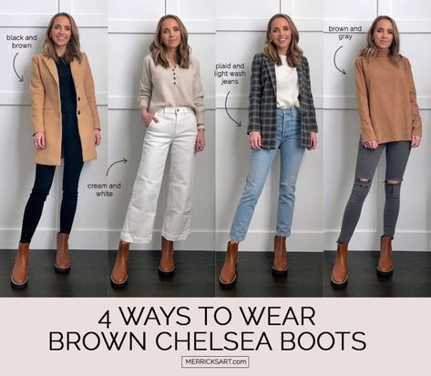 4 Outfits with Brown Chelsea Boots - Merrick's Art Work Outfits Brown Boots, Ways To Style Chelsea Boots, Chelsea Boot Style Woman, Dressing Up Chelsea Boots, Marc Fisher Chelsea Boots Outfit, Outfits With Brown Heeled Boots, Madewell Chelsea Boot Outfit, Chelsea Boot Business Casual, Chelsea Boots Over 40