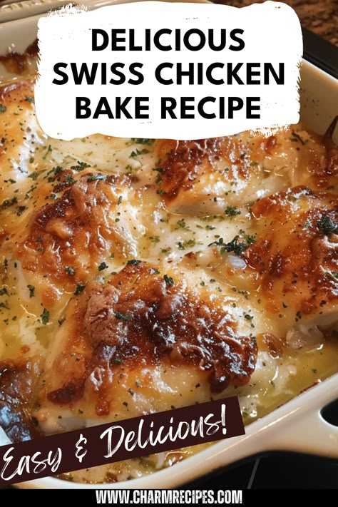 If you're looking for an easy and satisfying meal, try this Swiss Chicken Bake. You’ll enjoy tender chicken breasts topped with creamy Swiss cheese and delicious ingredients that melt in your mouth. Perfect for family dinners or potlucks, this Swiss Chicken Bake combines flavors like sweet peppers or mushrooms, making it a hit at any table. Plus, it’s a one-dish wonder that simplifies cleanup! Dig into comfort food with this savory recipe that is fast to prepare without compromising taste and quality. Creamy Swiss Cheese Chicken Bake, Meals With Swiss Cheese, Chicken Swiss Casserole, Baked Swiss Chicken, Fast Comfort Food Dinners, Swiss Chicken Recipe, Creamy Swiss Chicken Bake, Chicken With Swiss Cheese Recipes, Swiss Cheese Chicken Bake