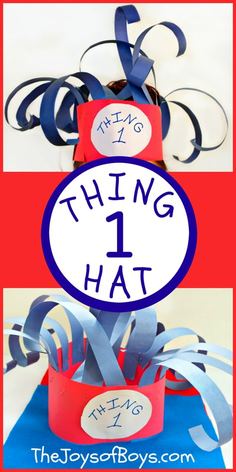 We love reading week but not so much dress up days.  This Thing 1 Hat was an easy Dr Seuss Dress-up Idea! #drseusscrafts #dressupideas #crafts #creativecrafts #funcrafts #kidcrafts #uniquecrafts #thejoysofboys Dr. Seuss Crafts, Dr Seuss Preschool Activities, Book Character Costume, Preschool Dr Seuss, Dr Suess Week, Dr Seuss Preschool, Dr Seuss Hat, Reading Week, Dr Seuss Classroom