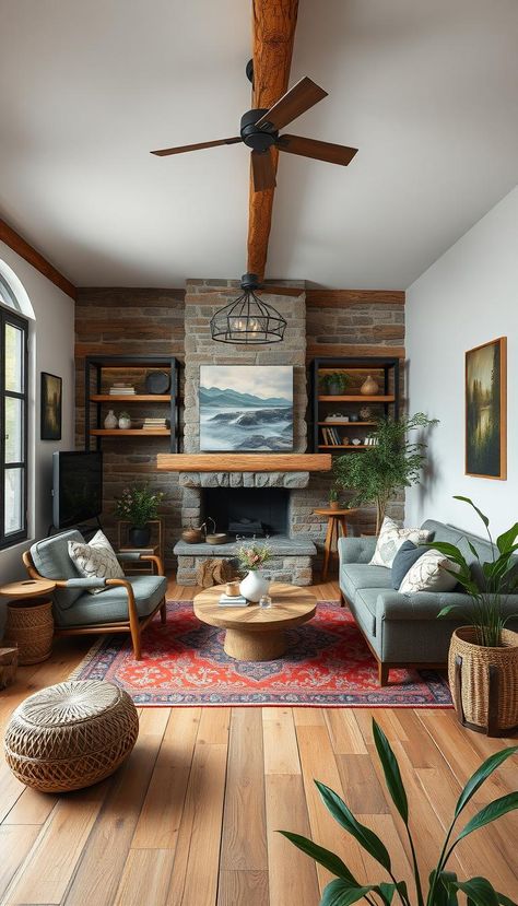 Infuse rustic charm into your small living room with wooden accents, neutral tones, and cozy decor. Create a warm, inviting atmosphere! 🌾🛋️ #RusticDecor #SmallLivingRoom Cozy Den With Fireplace, Cozy Fireplace Aesthetic, Cozy Rustic Home, Den With Fireplace, Fireplace Aesthetic, Organizing Small Home, Living Room Natural, Cozy Den, Natural Living Room