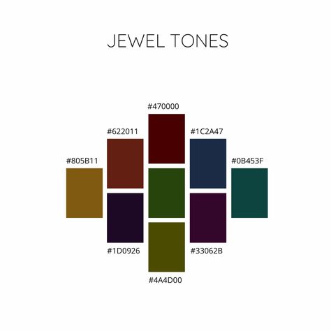 Jewel Tone Dark Academia, Jewel Tone Hex Codes, Black And Jewel Tone Color Palette, Bold Moody Color Palette, Dark Cool Tone Color Palette, Rich Color Palette Jewel Tones, Jewel Tone Color Combinations, Dark Maximalism Color Palette, Deep Jewel Tone Bedroom