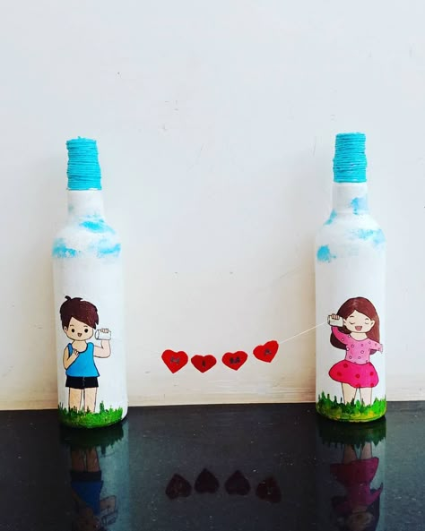 Tales_of_my_Artistry on Instagram: “U r worth every mile between us 💑DM for orders 😊#bottleart #bottlepainting #diyhomedecor #pairbottleart” Couple Bottle Art, Small Bottle Painting Ideas, Small Glass Bottles Art, Small Bottle Art, Beer Bottle Painting, Glass Bottle Craft, Bottle Paintings, Beer Bottle Art, Beer Bottle Crafts