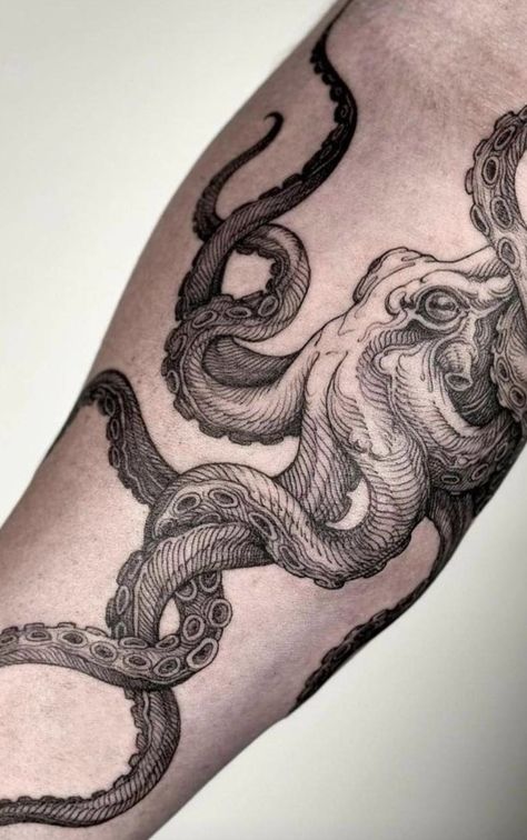 Octopus Leg Tattoo Men, Small Animal Tattoos For Men, Tentacle Tattoo, Most Painful Tattoo, Octopus Tattoo Sleeve, Tattoos 2023, Kraken Tattoo, Squid Tattoo, Octopus Tattoo Design