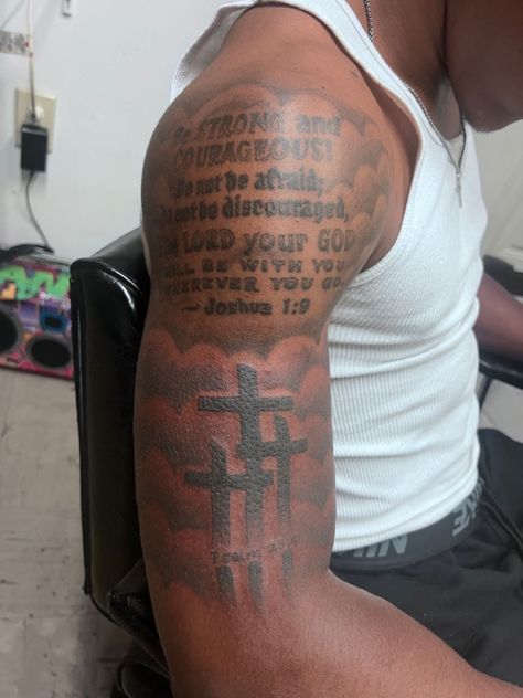 Half Upper Sleeve Tattoo Men, Tattoo Idea For Shoulder, Upper Arm Memorial Tattoo Men, Upper Arm Tattoo Men Half Sleeves Clouds, Upper Half Sleeve Tattoos For Men, Shoulder And Bicep Tattoo Men, Men Tattoo Bicep, Christian Bicep Tattoo Men, God Shoulder Tattoo Men