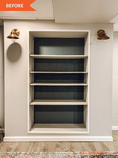 Built-in Shelving Project Inspiration - Before and After Photos | Apartment Therapy Built In Shelf Remodel, Built In Cabinet Hallway, Built Into Wall Shelves, Built In Bookshelf Hallway, Inset Bookshelves In Wall, Built In Shelves Living Room Paint Ideas, Drywall Shelves Built Ins, Update Built In Shelves, Built In Cubbies In Wall