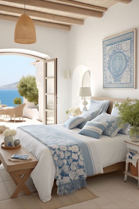 Mediterranean Costal House, Greece House Aesthetic Interior, Mama Mia House Aesthetic, Mediterranean Interior Design Style Bedroom, Greece Homes Interior, Medditeranean Bedroom, Aquamarine Bedroom, Greek Inspired Bedroom, Greece Inspired Bedroom