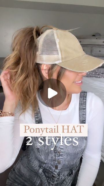 Ponytail With Hat Hairstyles, Ball Cap Ponytail, Ponytail For Hats, Hair In Baseball Cap Style, Hair Styles For Ball Caps, Hat Ponytail Hack, Hat And Clip Hair, Ponytail With Baseball Hat, Baseball Hat Ponytail Hairstyles