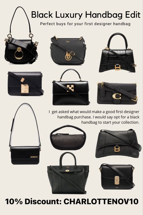 Balenciaga hourglass bag, Coach tabby bag, mulberry Bayswater bag, Givenchy 4g bag, off-white jitney tote bag, Chloe tess handbag Classic Bags Timeless, Timeless Designer Bags, Coach Black Bag, Black Designer Bag, Black Designer Handbags, Black Designer Bags, Bag Jacquemus, Off White Bag, Bag Closet