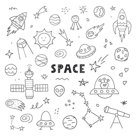 Cute Outer Space Doodles, Cute Astronomy Doodles, Cute Planets Drawing, Space Stuff To Draw, Planet Cute Drawing, Astronomy Doodles Aesthetic, Astronaut Doodle Simple, Space Things To Draw, Cute Space Illustration