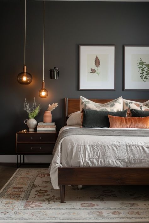 18 Moody & Enchanting Cottage Bedroom Ideas - Quiet Minimal Dark Green Comforter Bedroom Ideas, Retro Modern Bedroom, Bedroom Ideas Cottagecore, Townhome Decor, Wood Furniture Bedroom Decor, Cottagecore Bedroom Decor, Cottage Bedroom Ideas, Cottagecore Bedroom Ideas, Dark Wood Bedroom Furniture