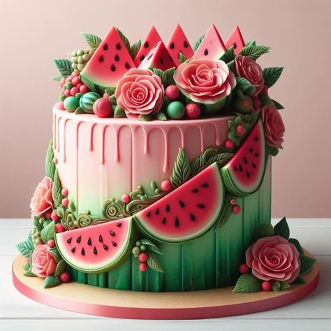 Watermelon Challenge, Tropical Cake Ideas, Summer Cake Designs, Tiki Cake, Cake Watermelon, Tropical Birthday Cake, Summer Birthday Cake, Fruit Cake Design, Tropical Cake