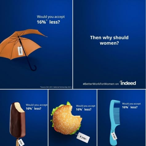 Check out this descriptive and engaging campaign by Indeed.com to represent the gender pay gap. Gender pay gaps are reflected in several different ways - in the number of leadership positions held by women, the salary offered to women for the same work as men, and other factors influencing the economic security of women. Indeed calls out the issue. What do you think of the campaign? #knowinglyselect #breakthebias #jobs #marketing #creative #recruitment #genderequality Communication Campaign Ideas, Social Good Campaign, Did You Know Creative Ads, Creative Ads Clever Advertising, Creative Advertising Design Ad Campaigns, Ad Campaign Presentation Design, Advertising Campaign Ideas, Offer Creative Ads, Clever Advertising Ad Campaigns