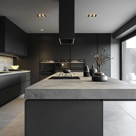 7+ Stylish Black and Grey Kitchen Ideas • 333+ Art Images Modern Dark Gray Kitchen, Black Kitchen With Grey Countertop, Modern Grey Interior Design, All Black Kitchen Ideas Modern, Kitchen Interior Grey And Black, Grey Interior Kitchen, Black Modern Kitchen Ideas, Black White And Grey Kitchen Ideas Modern, Black And Grey House Interior Design