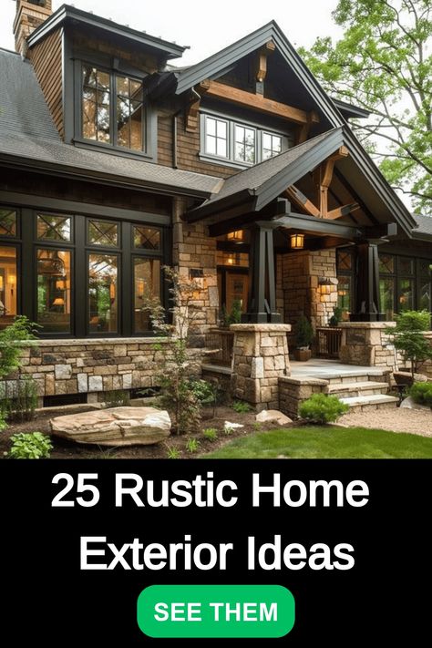 Discover 25 rustic home exterior ideas to enhance your curb appeal and make a lasting impression. From charming wooden accents to cozy country vibes, get inspired to elevate the look of your home exterior with these creative designs. Whether you prefer a classic farmhouse style or a modern rustic touch, there's something for every taste in this collection. Transform your house into a warm and inviting retreat that reflects your unique personality and showcases your love for all things rustic. Farmhouse Front Exterior Design, Rustic Interior Design Farmhouse Style French Country, Rock Accents On House Exterior, Curb Appeal Ideas Before And After, Farmhouse Industrial Exterior, Rock Farmhouse Exterior, Craftsman Exterior Remodel, Stone And Brick Exterior Color Combos, Rustic Home Exterior Ideas