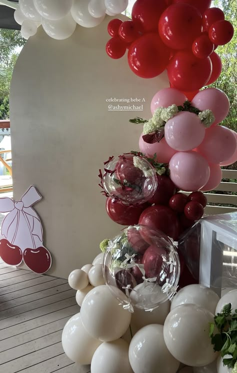 Cherry Theme Centerpieces, Black And Red Decorations Birthday, Pink And Red Sweet 16, Pink And Red Balloon Garland, Cherry On Top Party Theme, Birthday Cherry Theme, Pink And Red Birthday Party Decor, Red Sweet 16 Decorations, Red Theme Birthday Party Decor