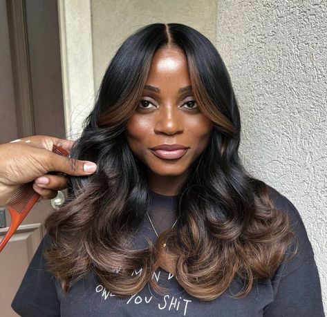 Dark Skin Highlights Hair Black Women, Black Women Ombre Hair, African American Fall Hair Color, Fall Hair Color On Black Women, Feathered Hair Black Women, Black Hairstyles Long Hair, Neutral Hair Color Ideas Brown, Monochromatic Hair Black Women, Spring Hair Color Black Women