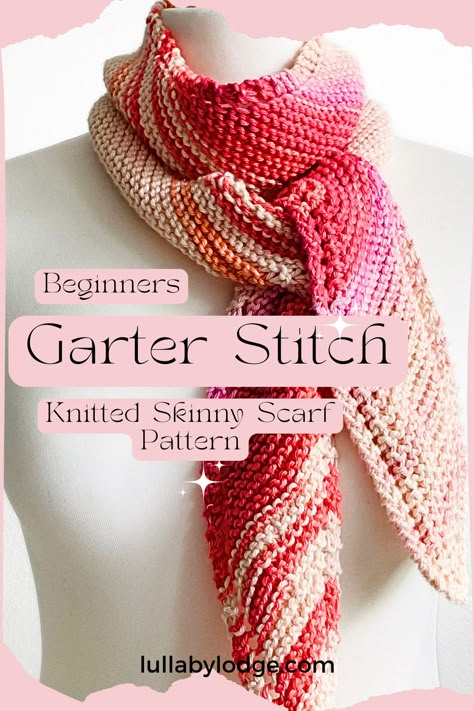 Discover this easy garter stitch skinny scarf pattern, perfect for summer! This free knitting pattern is ideal for beginners, featuring a detailed tutorial that guides you through each simple step. Ladies Scarf Knitting Pattern, Knitted Neck Scarf Free Pattern, Free Scarf Knitting Patterns Easy, Easy Crochet Scarf For Beginners Free Pattern, Beginner Knit Scarf Patterns Free, Scarf Patterns Knitting Free, Knitting Tutorial For Beginners, Small Knit Projects, Knitted Shawl Patterns