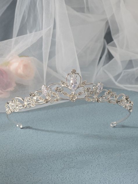 Wedding Tiara With Pearls, Simple Quince Crowns, Crystal Wedding Hair Piece, Tiaras For Weddings, Quince Tiaras Silver, Princess Wedding Tiara, Simple Wedding Hair Accessories, Pink Wedding Crown, Korean Wedding Crown