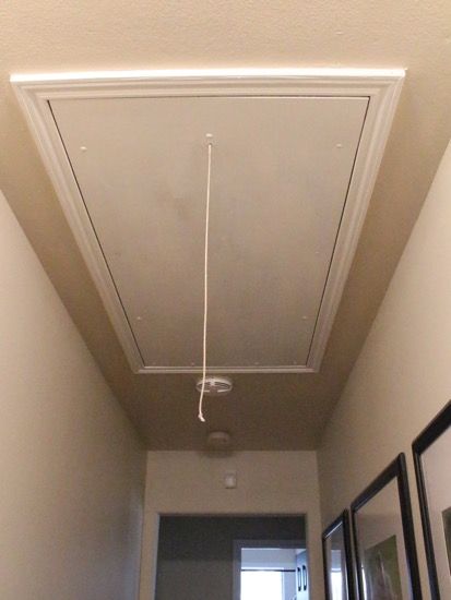 Get rid of that ugly cord hanging from your attic stairs Diy Stairs To Attic, Pull Down Stairs To Attic, Attic Drop Down Stairs, Attic Diy Ideas, Attic Hallway Ideas, Pull Down Attic Ladder Ideas, Attic Steps Pull Down, Pull Down Attic Stairs Ideas, Drop Down Attic Stairs