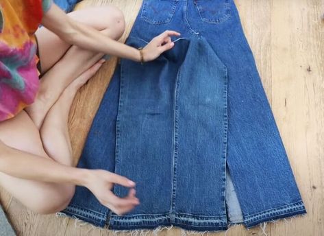 This guide shares 4 upcycled denim skirt ideas. Learn how to DIY a denim skirt in this step-by-step tutorial. Homemade Denim Skirt, Jeans Skirt Upcycle, Diy Denim Skirt From Jeans Midi, Denim Skirt From Jeans Diy, Diy Denim Maxi Skirt From Jeans, Diy Jean Skirt From Jeans, How To Turn A Pair Of Jeans Into A Skirt, Diy Denim Skirt From Jeans, Denim Skirt Ideas