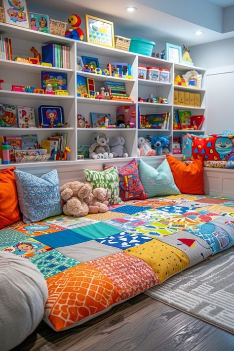 Colorful Playroom Design, Grandparent Playroom Ideas, Playroom Living Room Ideas, Playroom Arrangement, Space Playroom Ideas, Diy Kids Bedroom Ideas, Playroom Conservatory, Boho Kids Playroom, Playing Room Design